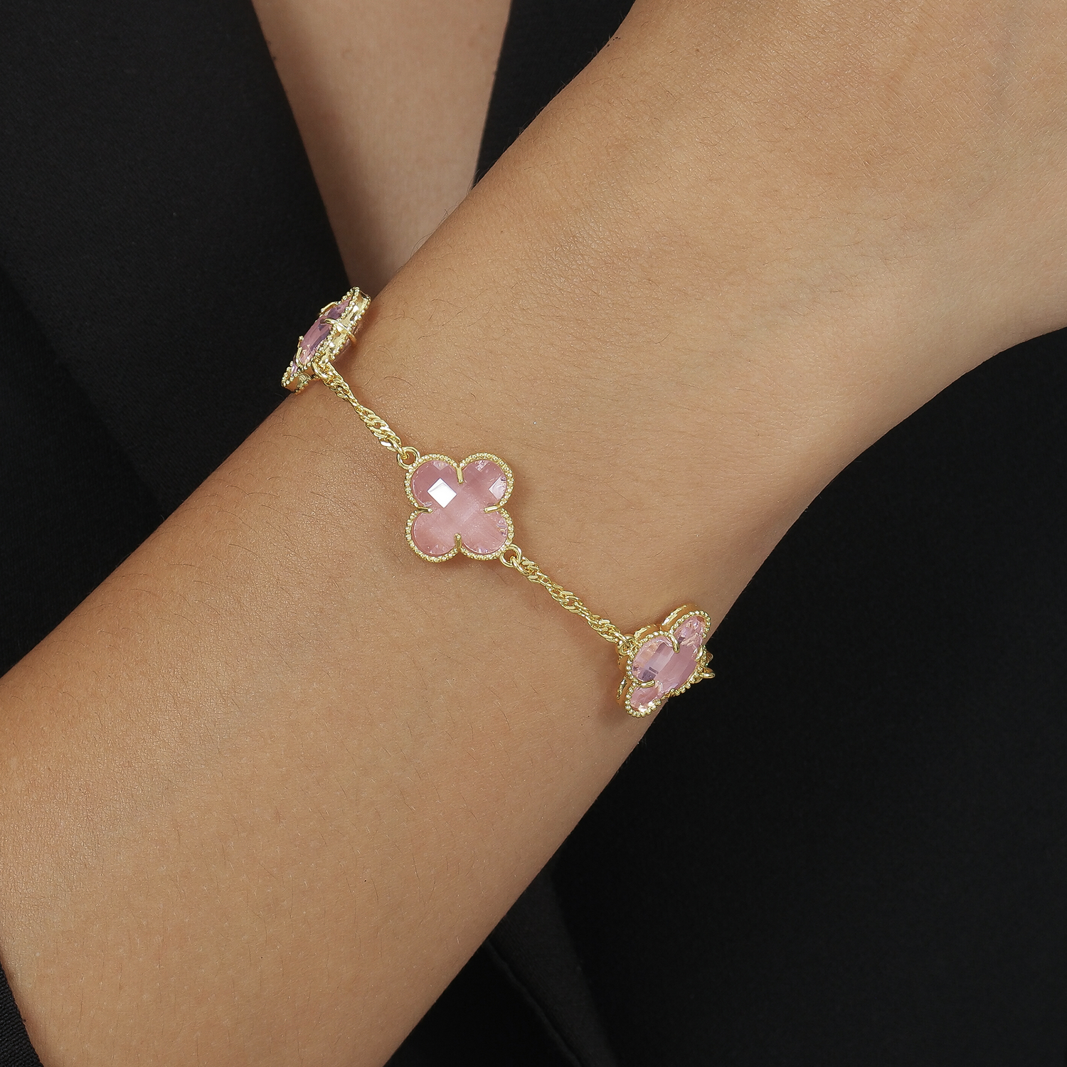 Pulseira Folhada a Ouro Trevos Rosa